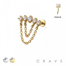 MULTI ROUND CZ DANGLE CHAIN TOP 316L SURGICAL STEEL THREADLESS (PUSH IN ) LABRET SET